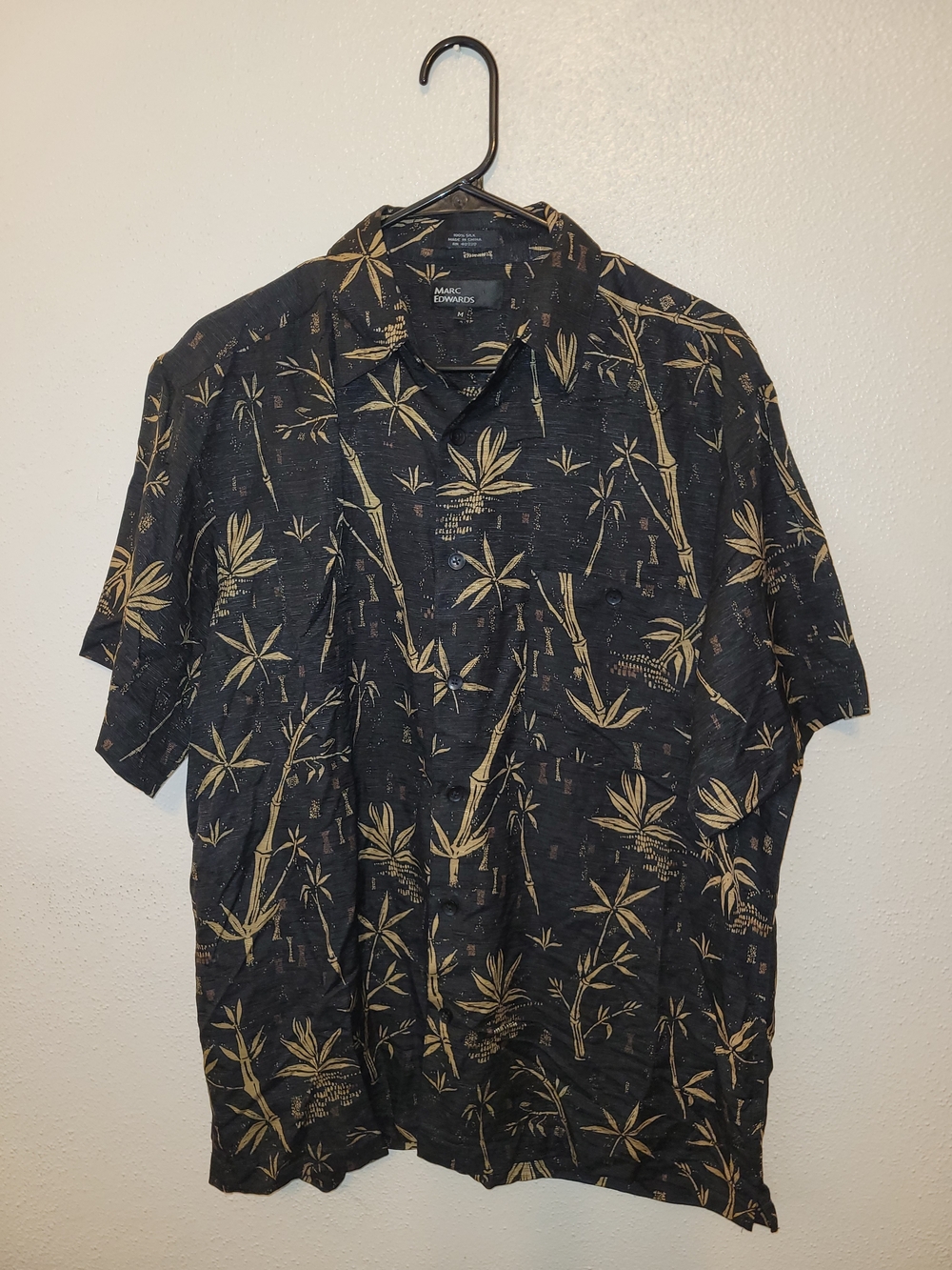 Marc Edwards Men's Medium 100% Silk Bamboo Hawaiian Aloha Shirt Black